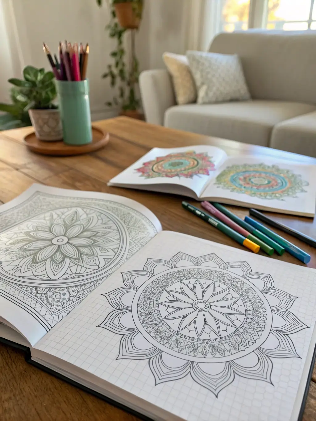 A close-up shot of an adult's hands delicately coloring an intricate mandala pattern with vibrant colored pencils, showcasing the calming and meditative aspect of coloring.