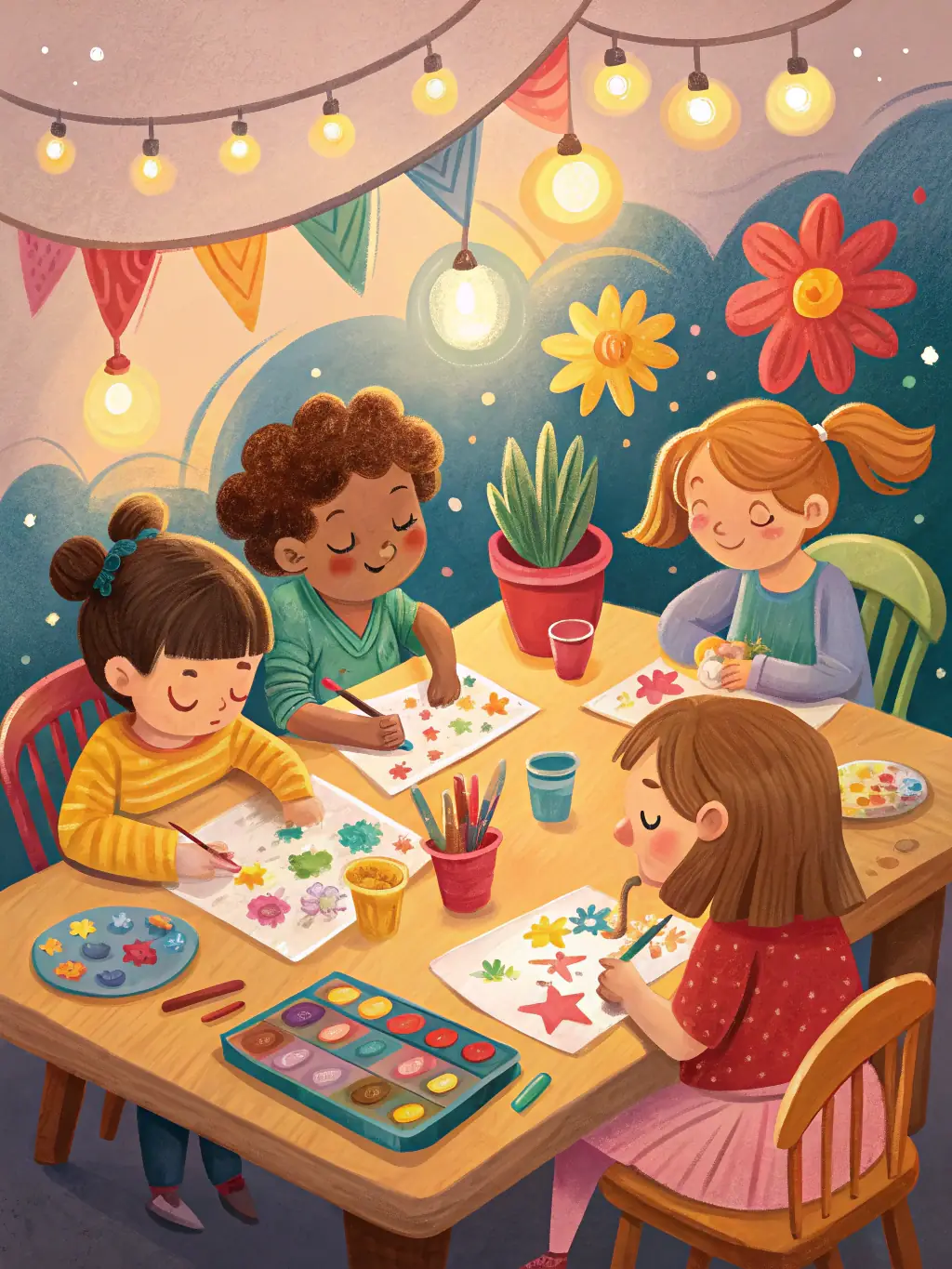 A group of people of different ages and backgrounds coloring together in a relaxed and social setting, highlighting the community and social benefits of coloring.